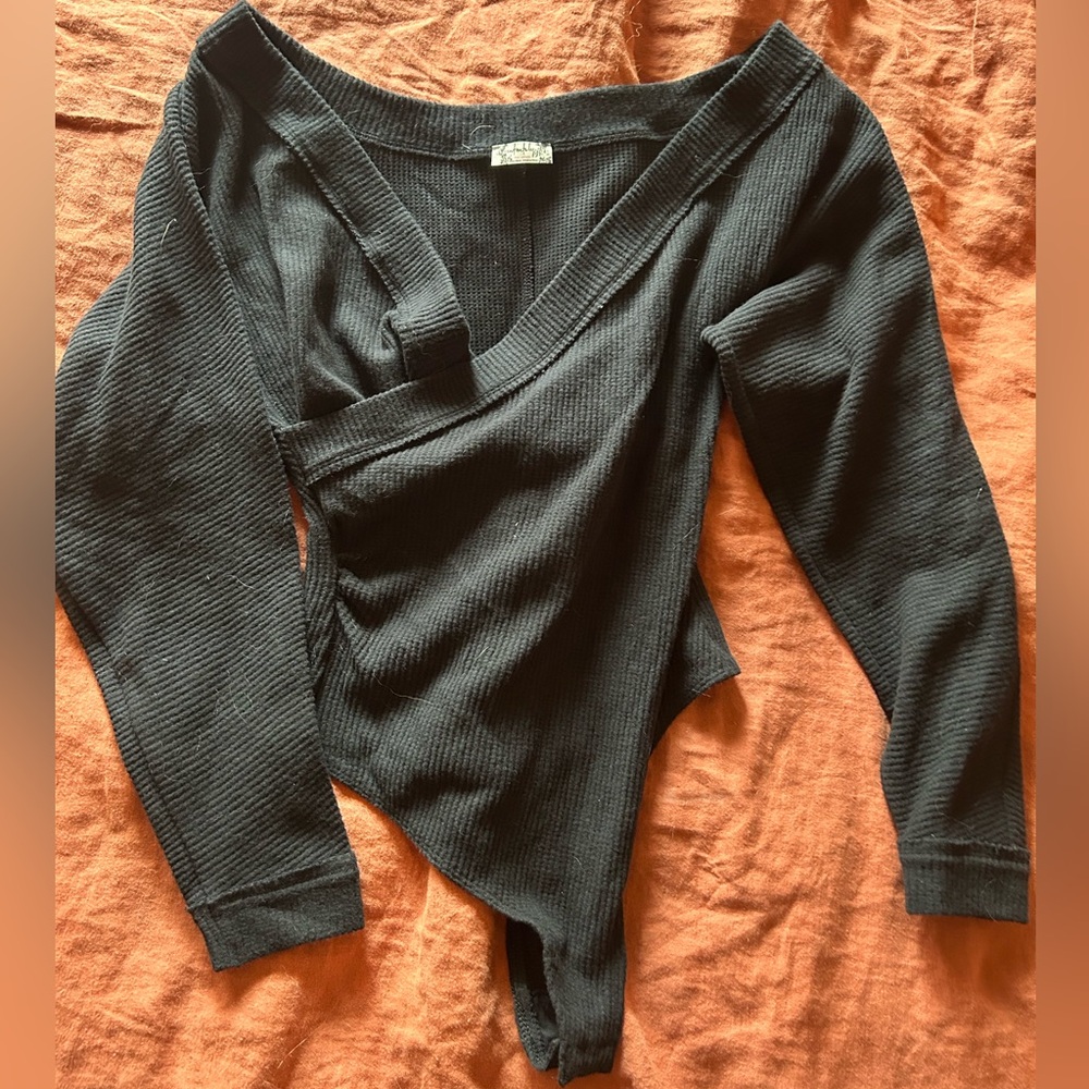 Free People Black Off-the-Shoulder Sweater with Wrap Design